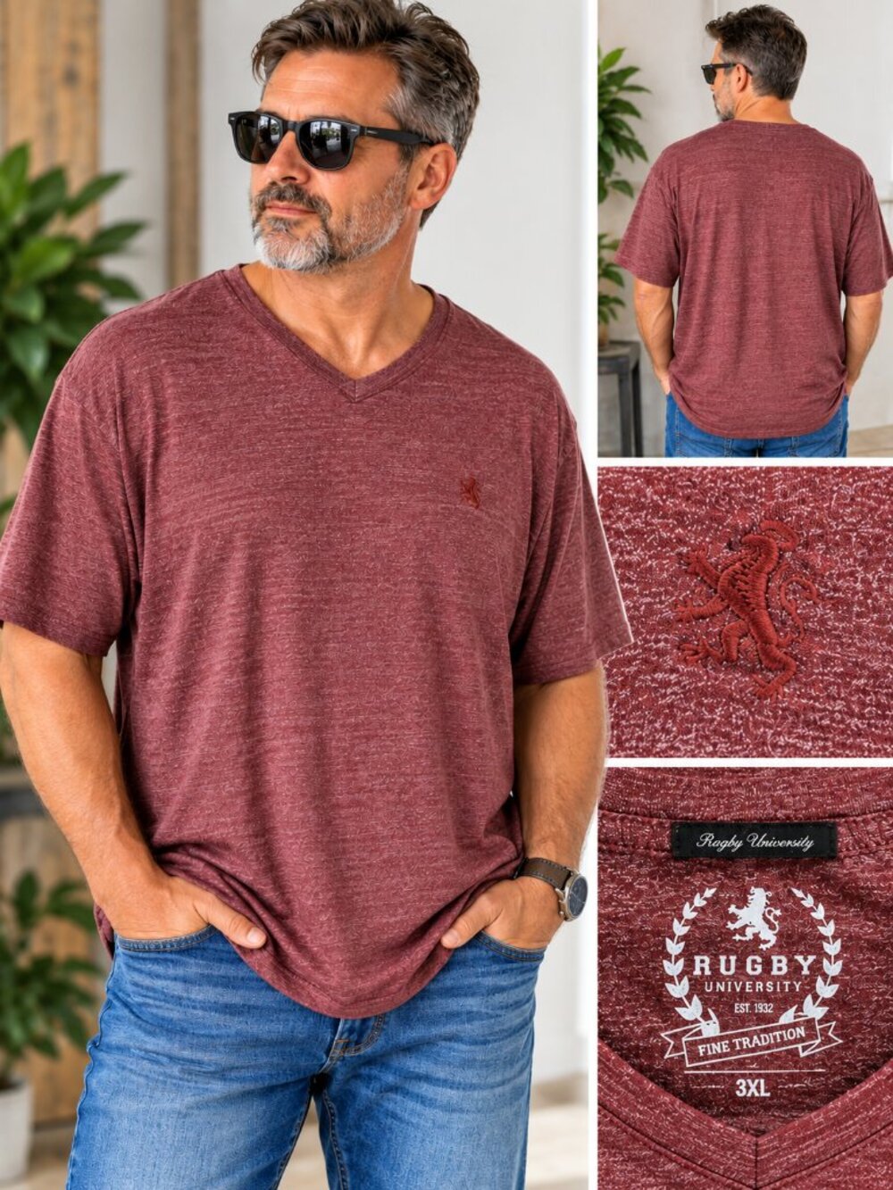 Men’s Burgundy V Neck Tee Rugby University Embroidered 3XL Cotton Blend